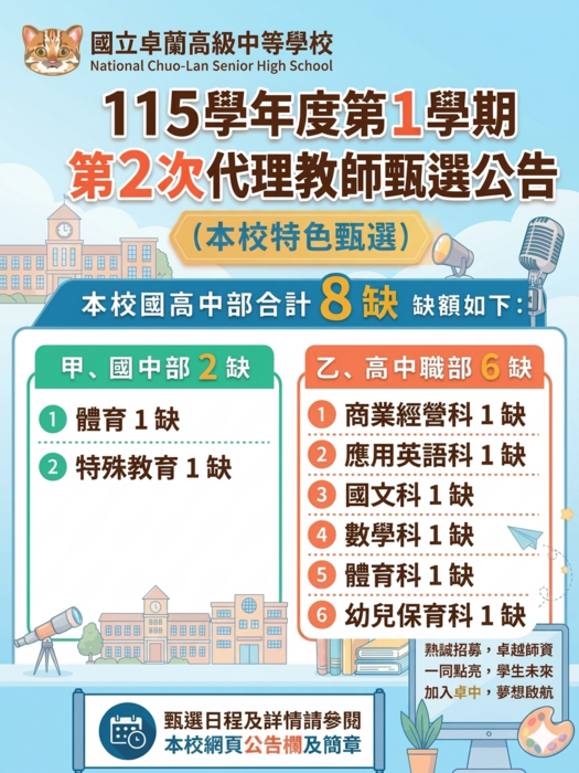 國立卓蘭高級中等學校 115學年度第2次代理教師甄選報名宣導海報